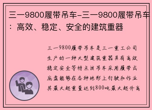 三一9800履带吊车-三一9800履带吊车：高效、稳定、安全的建筑重器