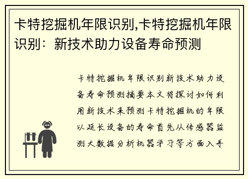 卡特挖掘机年限识别,卡特挖掘机年限识别：新技术助力设备寿命预测